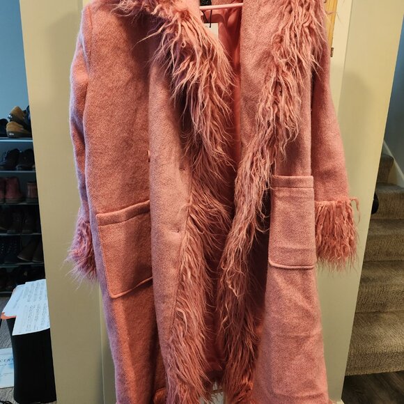 Nasty Gal Pink Faux Shearling Fur Trim Wool Penny Lane Coat Size 4 NWT - Picture 3 of 6